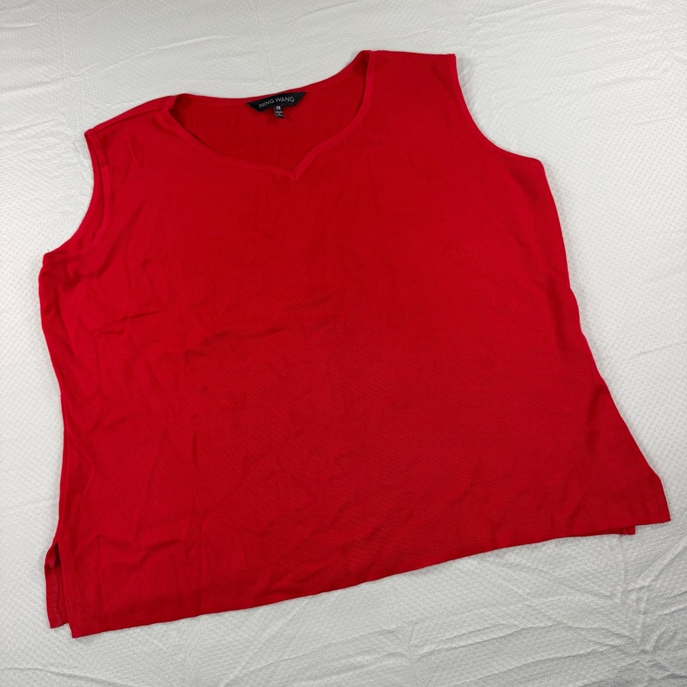 Ming Wang Womens Red Sleeveless Knit Top Sz 2X Side Slits Career Old Money